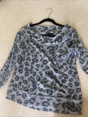 Gibson Grey Leopard-Print Cowl Neck Sweater